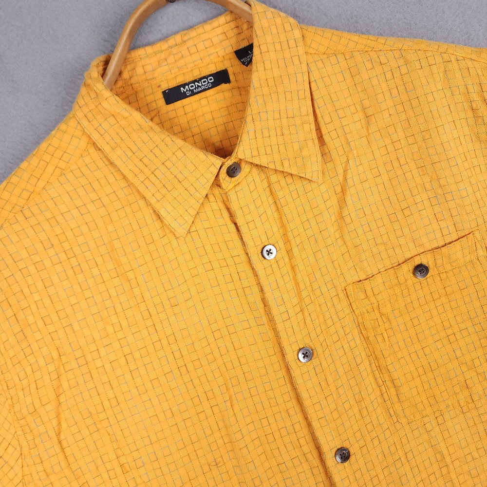 Mondo Di Marco Button Down Shirt Mens L Yellow Textured Grid Short Sleeve Casual
